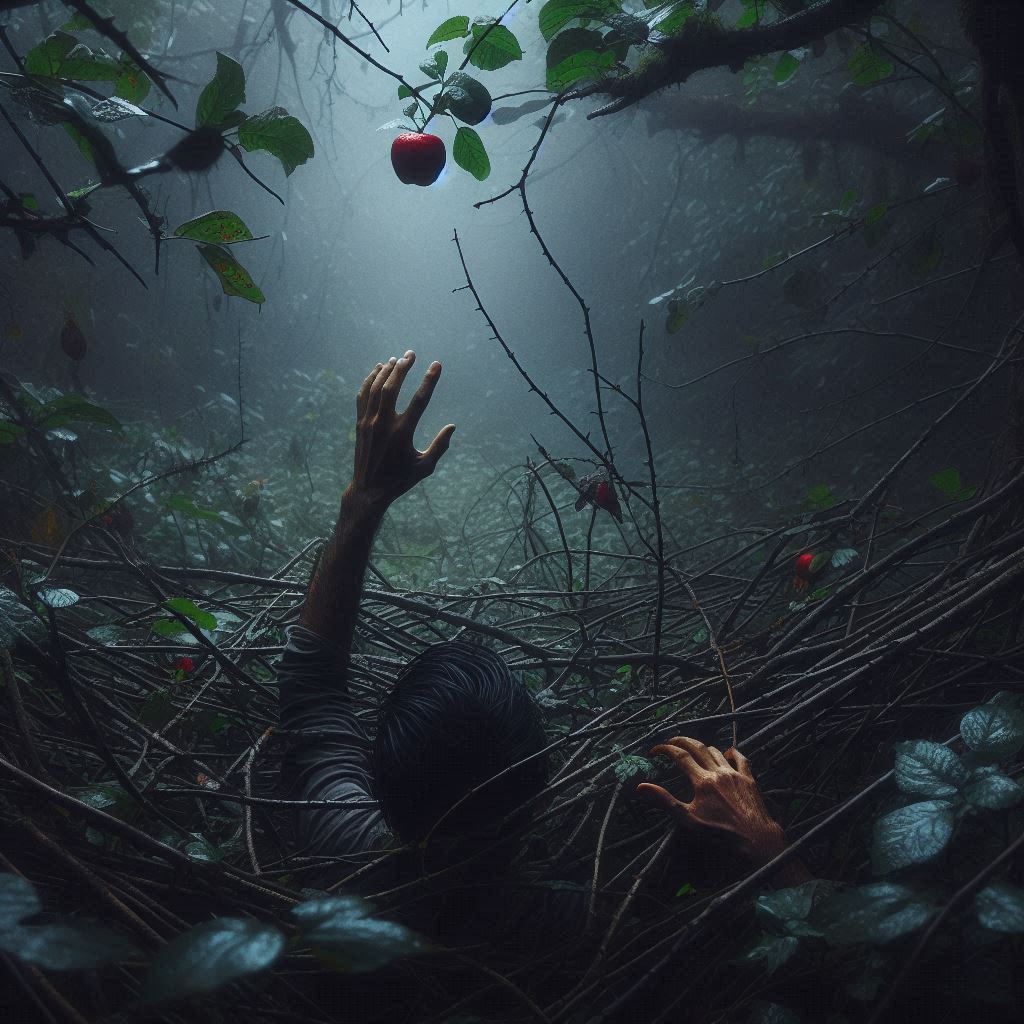 A man caught in dark brambles reaches up for a single red apple in a clearing